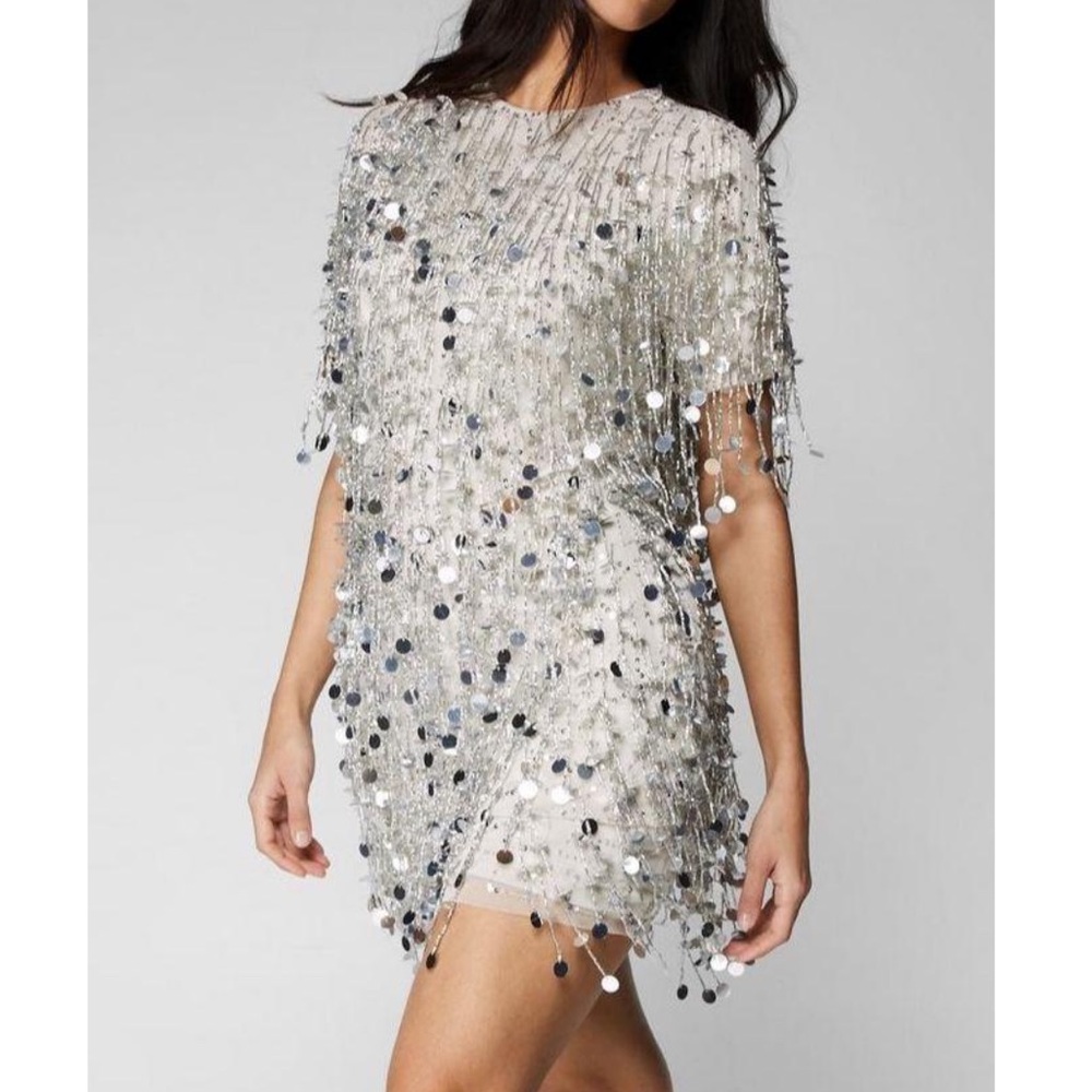 Nasty Gal Silver Sequin Fringe Mini Dress